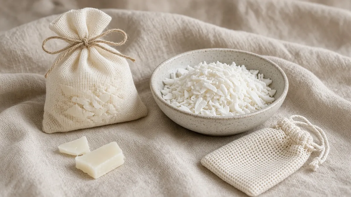 Grated soap shavings in a small muslin pouch beside a bowl of soap flakes on a linen cloth