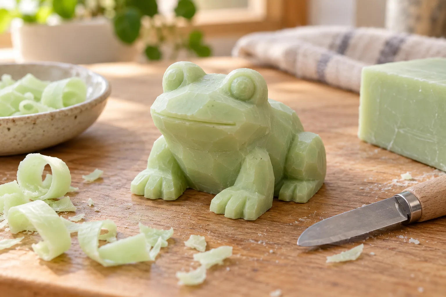 Simple frog carved from a pale green bath-soap bar