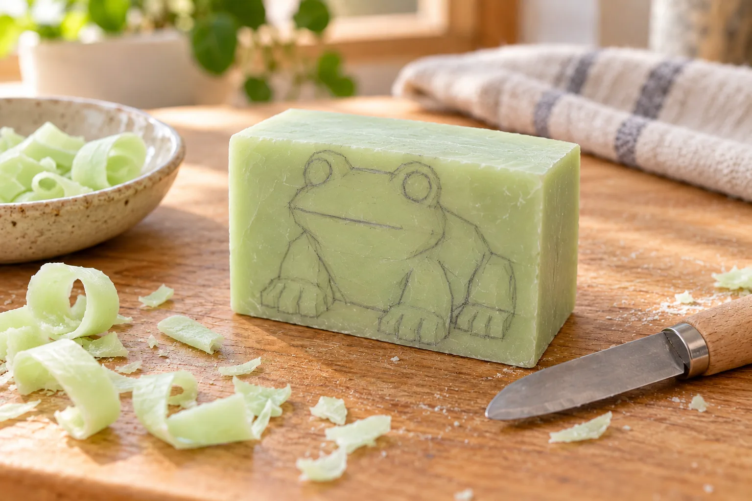 Bar of pale green soap with a simple frog outline drawn on its broad face