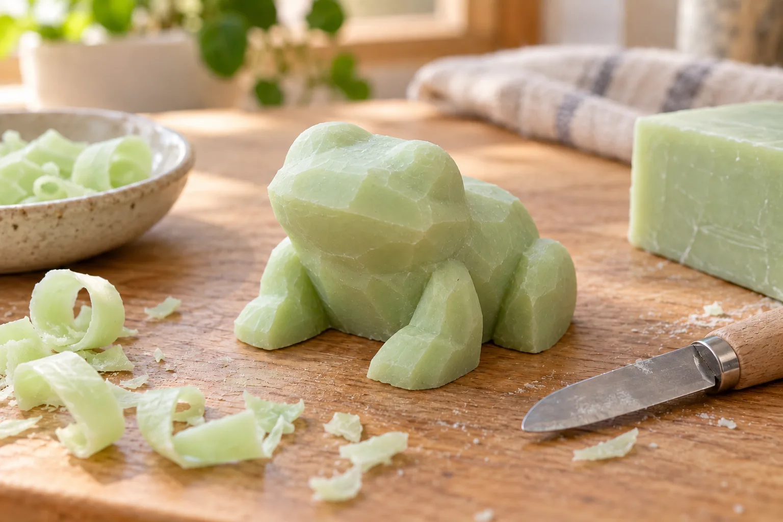 Rough, rounded frog soap silhouette with a broad head and body before shaping the feet