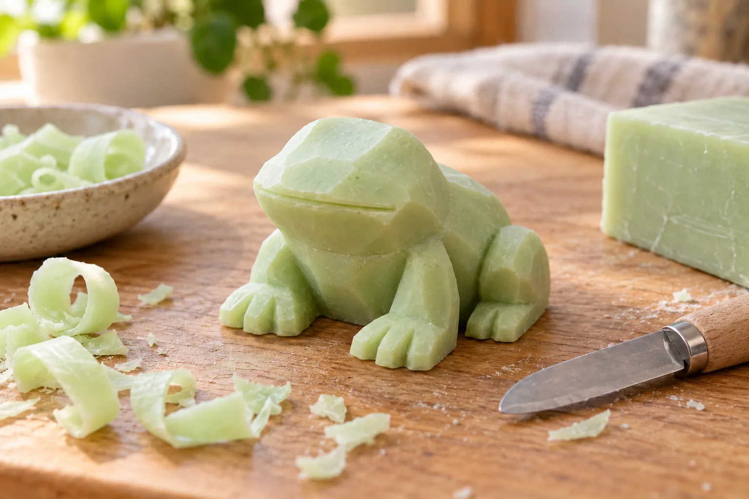 Frog soap carving with four broad low feet separated by shallow cuts, before facial details
