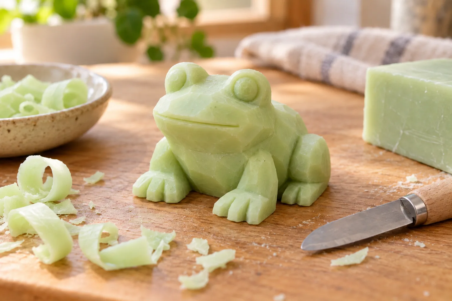 Finished simple frog carved from pale green soap with eye bumps and shallow details
