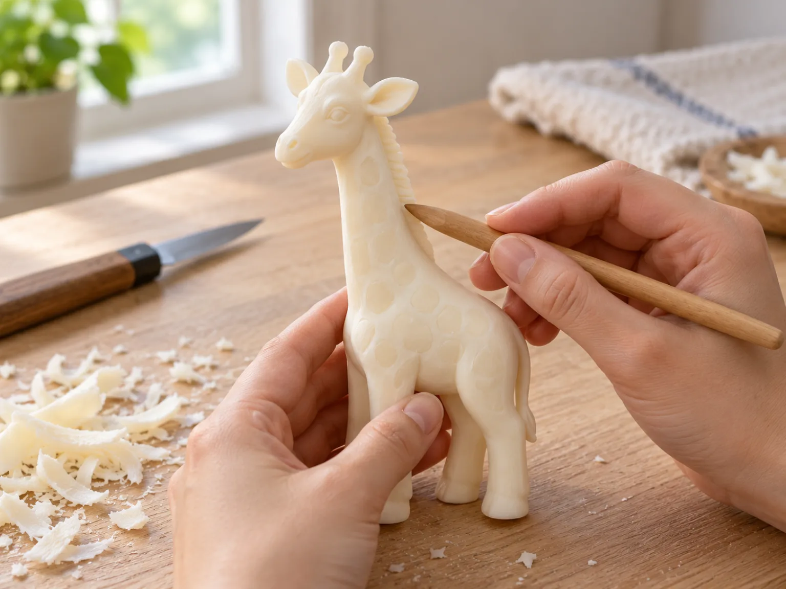Finished beginner giraffe carved from an ivory bath-soap bar