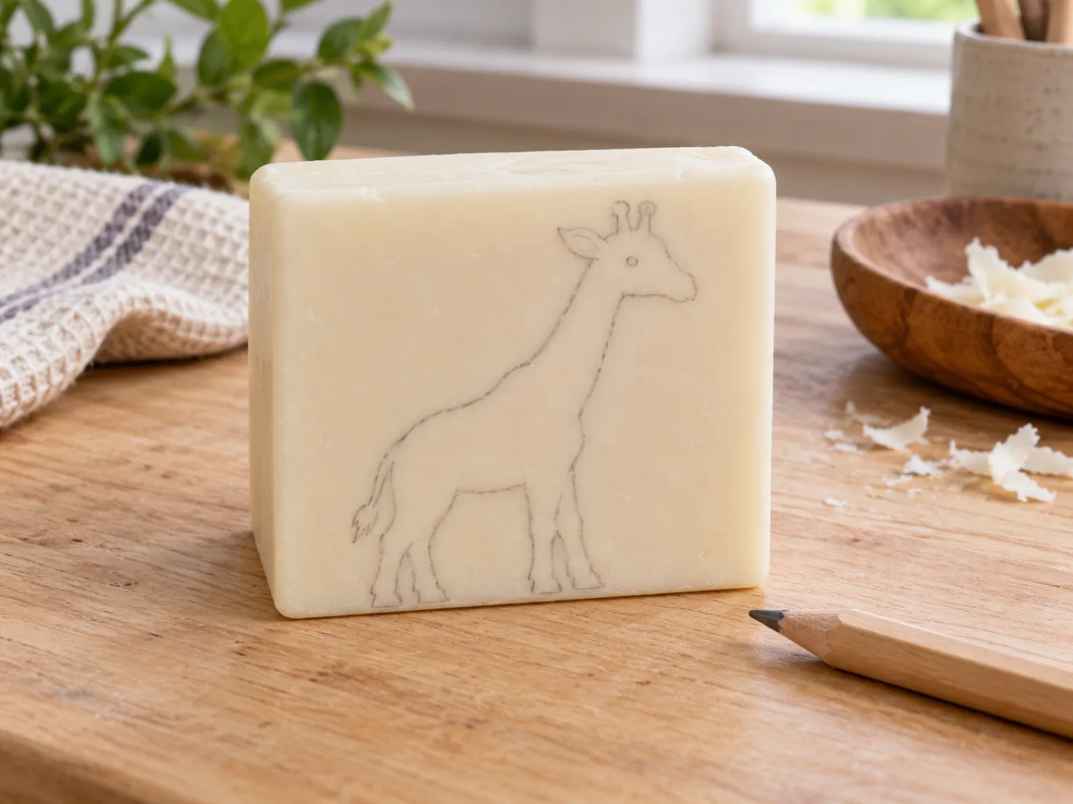 Pencil outline of a simple giraffe profile on a bar of bath soap