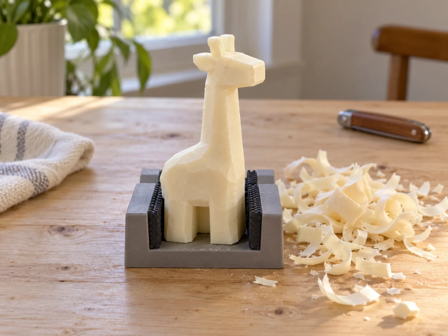 Rough giraffe soap shape with a blocky head and sturdy legs secured in a carving cradle