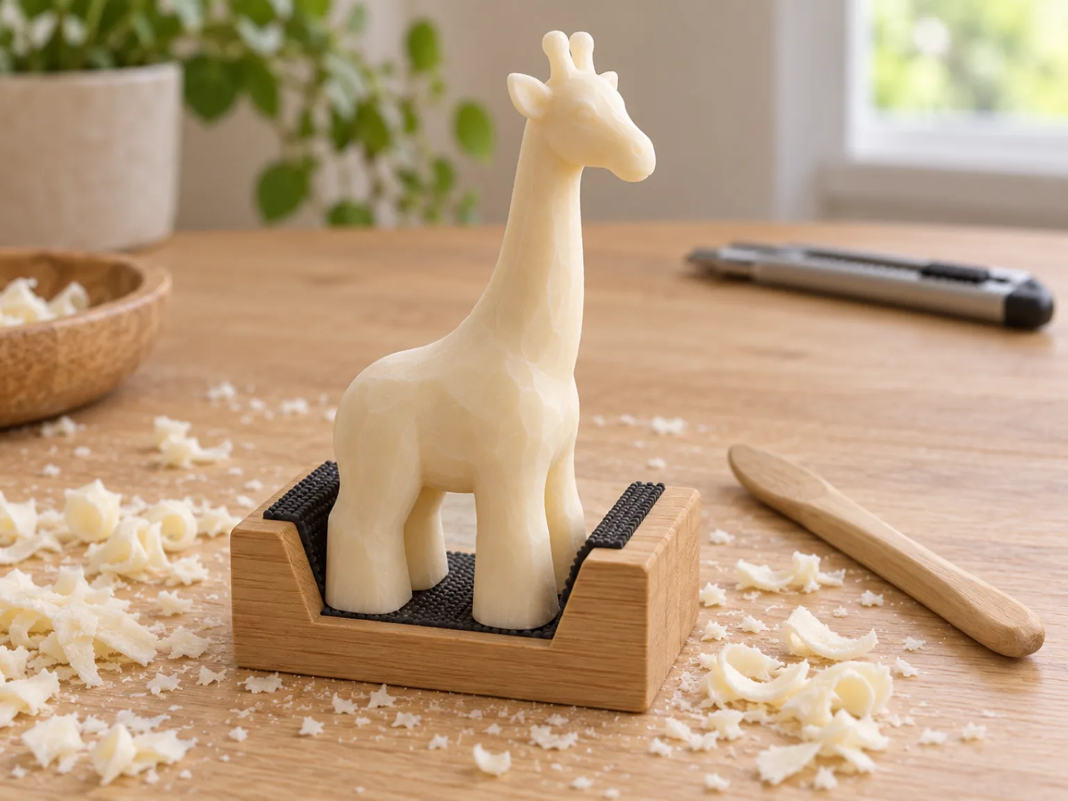 Refined giraffe soap carving with a longer neck and rounded head before final details