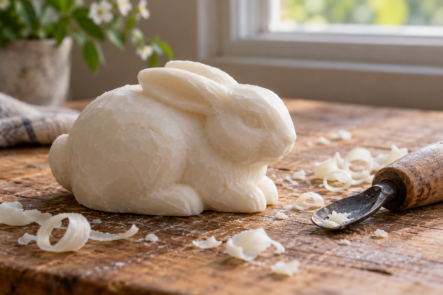 Hand-carved white soap rabbit with short connected ears and rounded body on a wooden worktable.