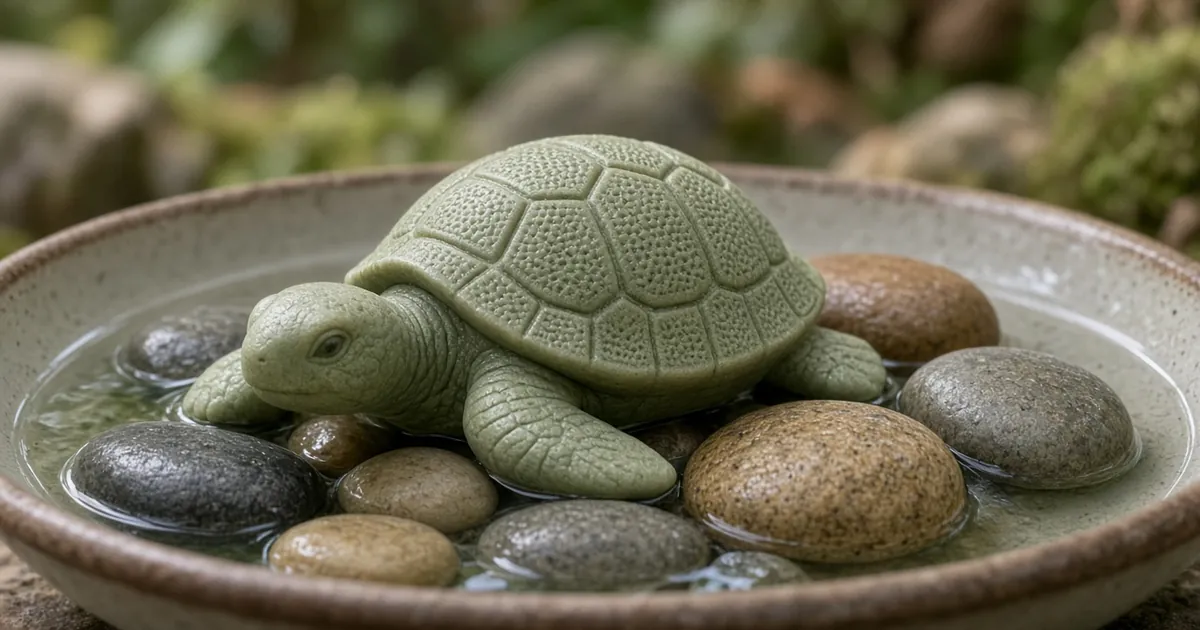 Finished soap turtle carving resting on smooth river stones