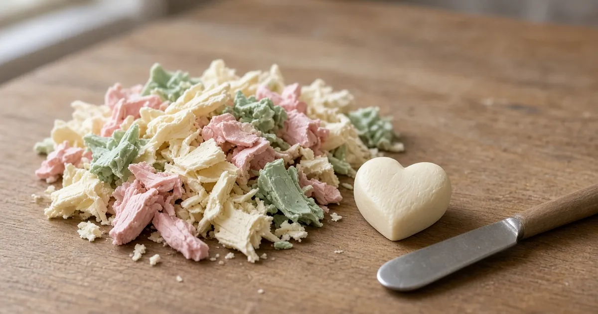 Pile of pastel soap carving scraps and curls beside a small finished soap carving on a wooden table
